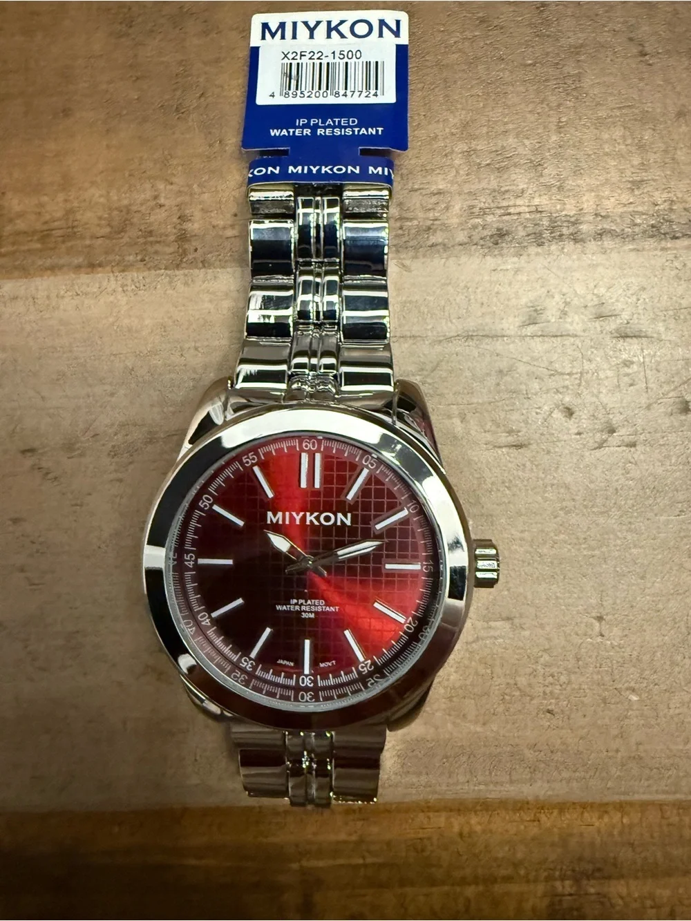 Miykon Men's Silver Stainless Steel Quartz Watch - Water-Resistant, Red Dial